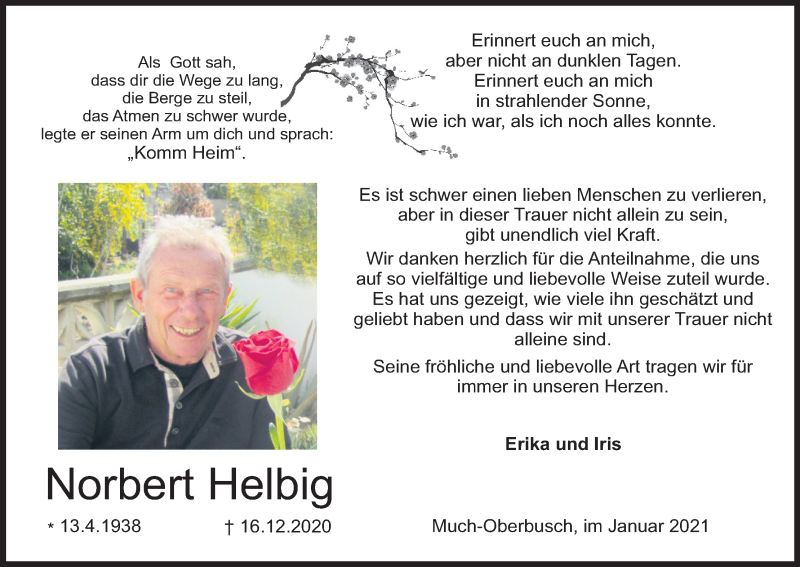  Traueranzeige für Norbert Helbig vom 23.01.2021 aus Kölner Stadt-Anzeiger / Kölnische Rundschau / Express