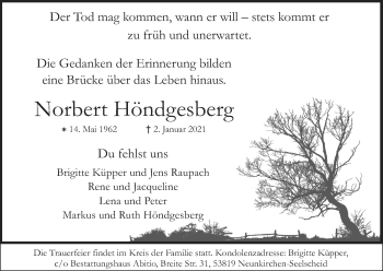 Anzeige von Norbert Höndgesberg von Kölner Stadt-Anzeiger / Kölnische Rundschau / Express