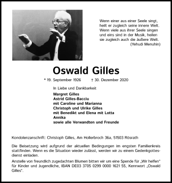 Anzeige von Oswald Gilles von Kölner Stadt-Anzeiger / Kölnische Rundschau / Express
