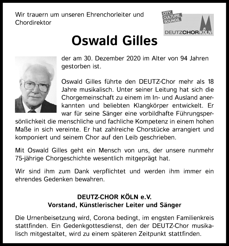  Traueranzeige für Oswald Gilles vom 16.01.2021 aus Kölner Stadt-Anzeiger / Kölnische Rundschau / Express