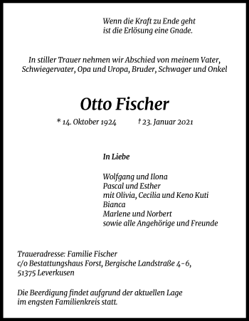 Anzeige von Otto Fischer von Kölner Stadt-Anzeiger / Kölnische Rundschau / Express