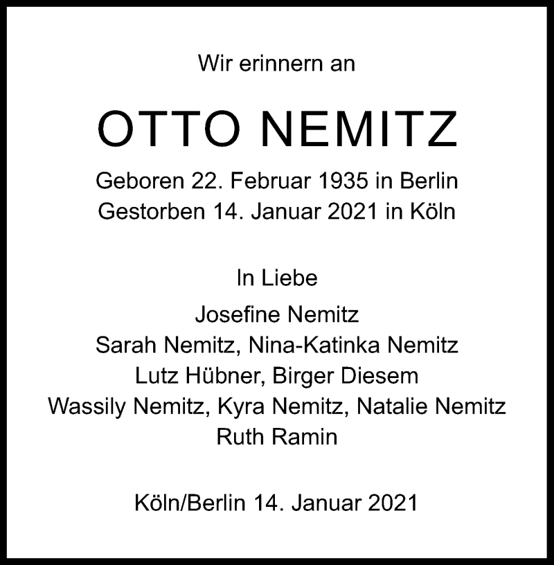  Traueranzeige für Otto Nemitz vom 18.07.2023 aus Kölner Stadt-Anzeiger / Kölnische Rundschau / Express