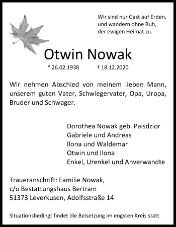 Anzeige von Otwin Nowak von Kölner Stadt-Anzeiger / Kölnische Rundschau / Express