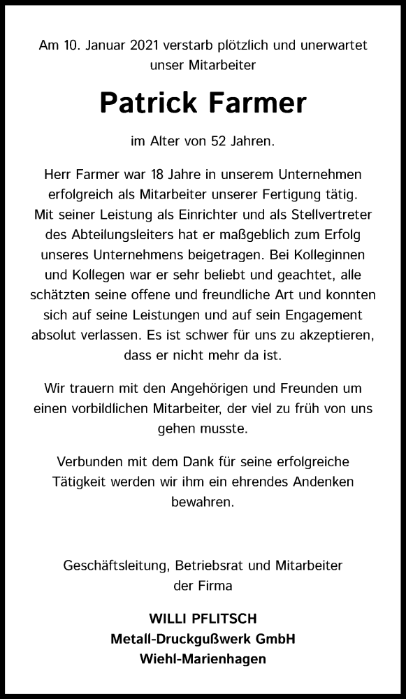  Traueranzeige für Patrick Farmer vom 18.01.2021 aus Kölner Stadt-Anzeiger / Kölnische Rundschau / Express