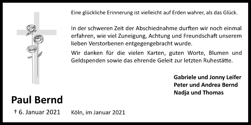  Traueranzeige für Paul Bernd vom 22.01.2021 aus  Kölner Wochenspiegel 