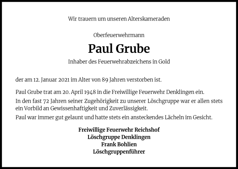  Traueranzeige für Paul Grube vom 23.01.2021 aus Kölner Stadt-Anzeiger / Kölnische Rundschau / Express