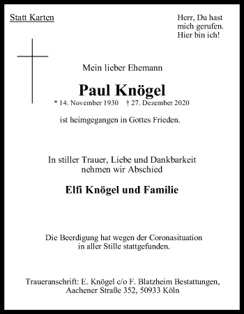 Anzeige von Paul Knögel von Kölner Stadt-Anzeiger / Kölnische Rundschau / Express