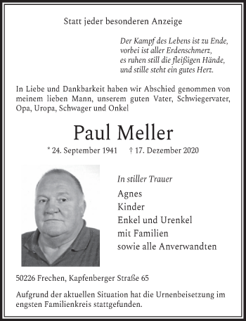 Anzeige von Paul Meller von  Wochenende 