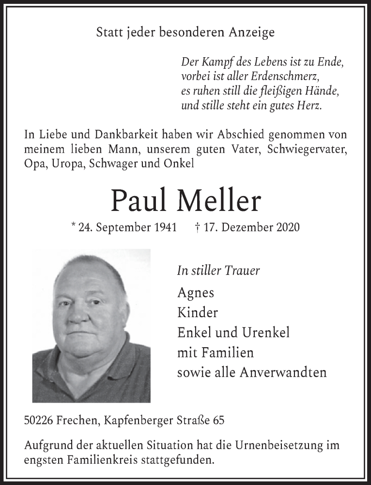  Traueranzeige für Paul Meller vom 08.01.2021 aus  Wochenende 