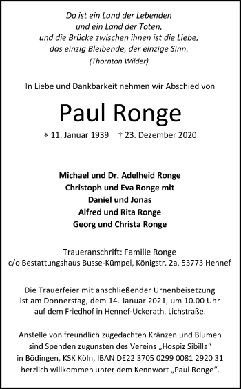 Anzeige von Paul Ronge von Kölner Stadt-Anzeiger / Kölnische Rundschau / Express