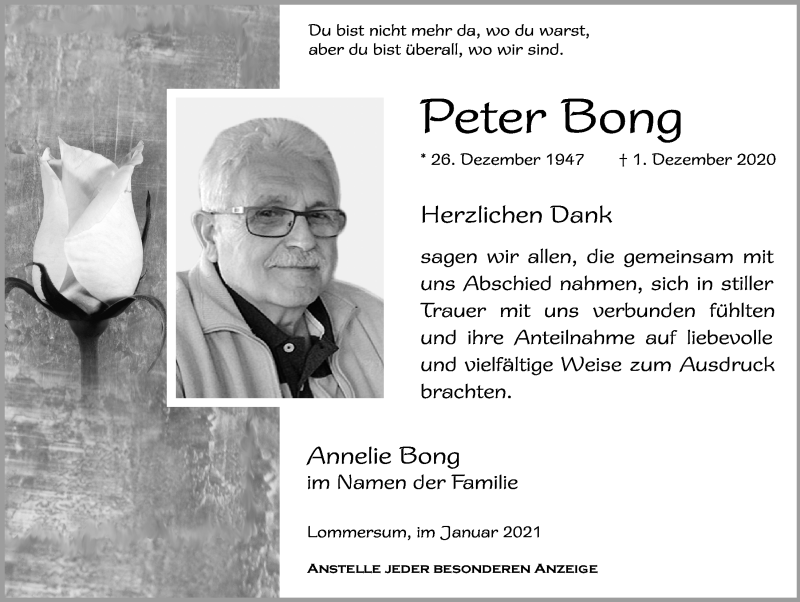  Traueranzeige für Peter Bong vom 02.01.2021 aus  Blickpunkt Euskirchen 