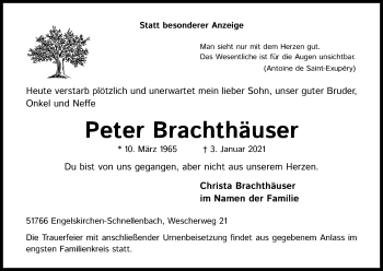 Anzeige von Peter Brachthäuser von Kölner Stadt-Anzeiger / Kölnische Rundschau / Express