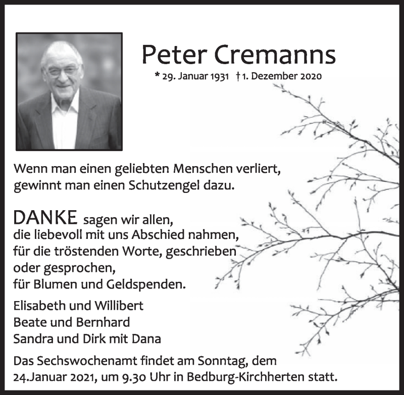  Traueranzeige für Peter Cremanns vom 15.01.2021 aus  Werbepost 