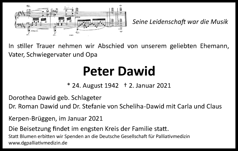  Traueranzeige für Peter Dawid vom 09.01.2021 aus Kölner Stadt-Anzeiger / Kölnische Rundschau / Express