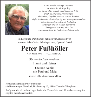 Anzeige von Peter Fußhöller von Kölner Stadt-Anzeiger / Kölnische Rundschau / Express