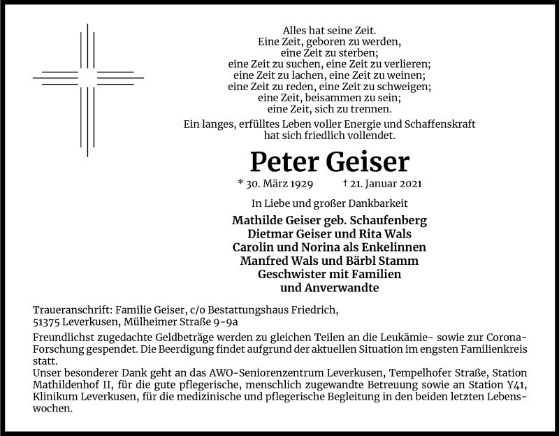  Traueranzeige für Peter Geiser vom 30.01.2021 aus Kölner Stadt-Anzeiger / Kölnische Rundschau / Express