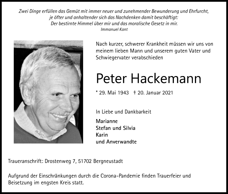  Traueranzeige für Peter Hackemann vom 23.01.2021 aus Kölner Stadt-Anzeiger / Kölnische Rundschau / Express