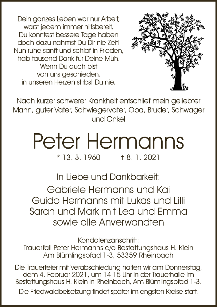  Traueranzeige für Peter Hermanns vom 23.01.2021 aus  Schaufenster/Blickpunkt 