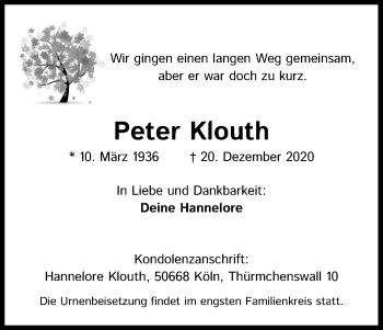 Anzeige von Peter Klouth von Kölner Stadt-Anzeiger / Kölnische Rundschau / Express
