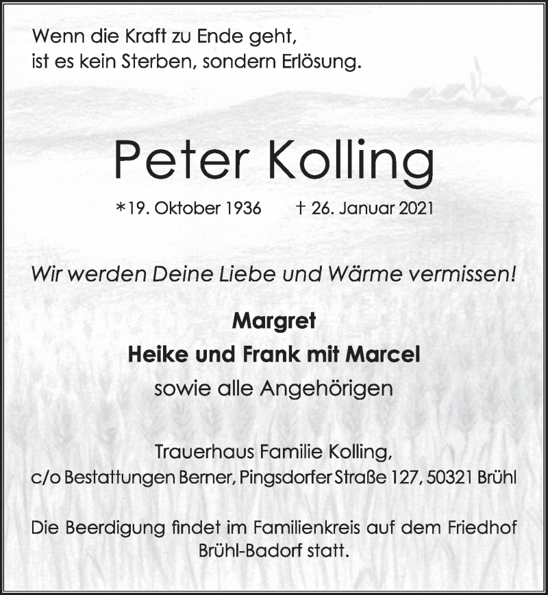  Traueranzeige für Peter Kolling vom 29.01.2021 aus  Schlossbote/Werbekurier 