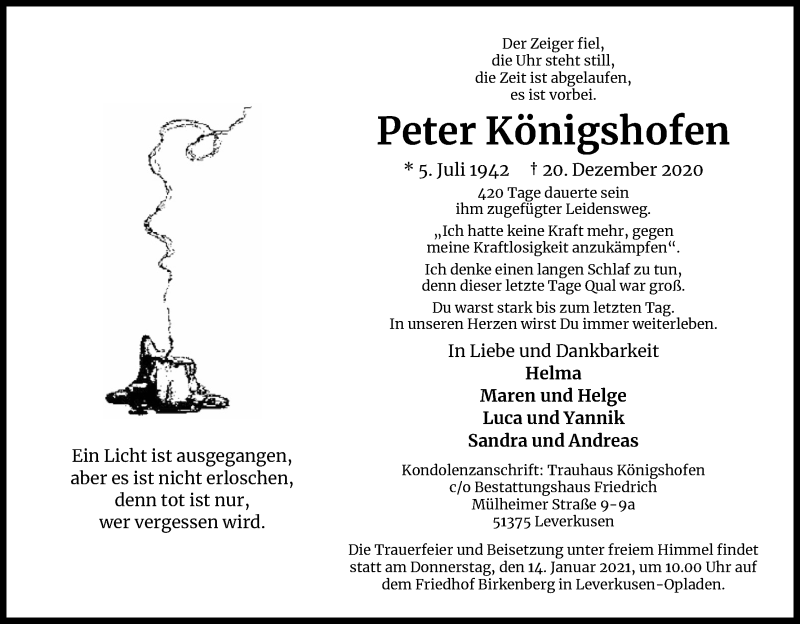  Traueranzeige für Peter Königshofen vom 09.01.2021 aus Kölner Stadt-Anzeiger / Kölnische Rundschau / Express