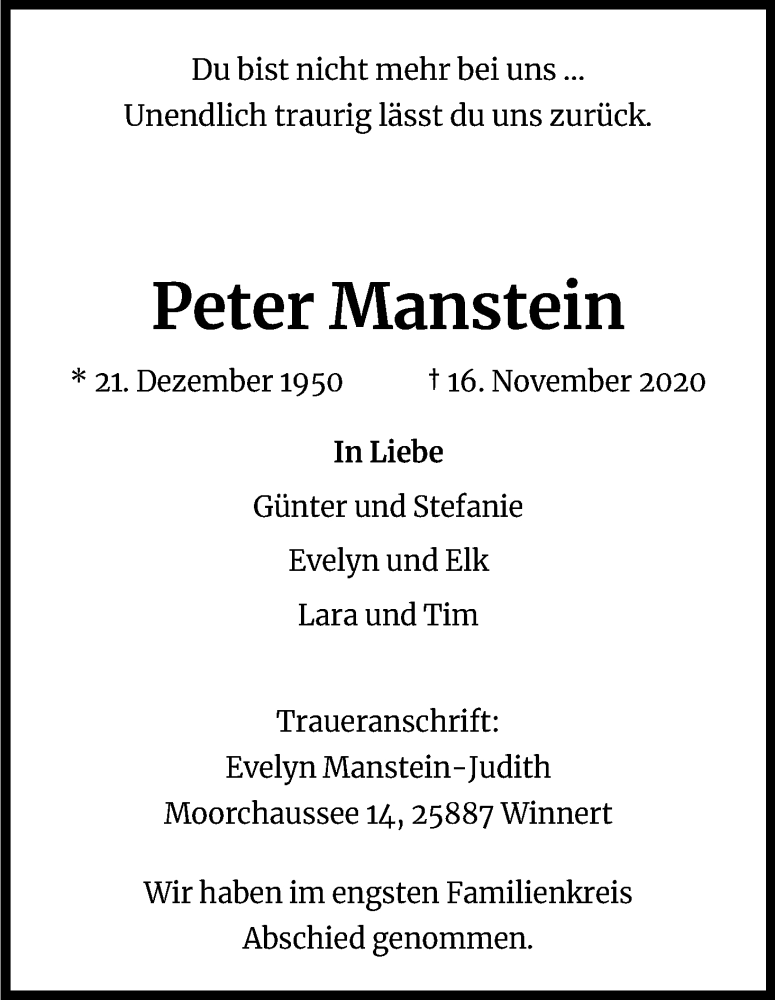 Traueranzeige für Peter Manstein vom 30.01.2021 aus Kölner Stadt-Anzeiger / Kölnische Rundschau / Express