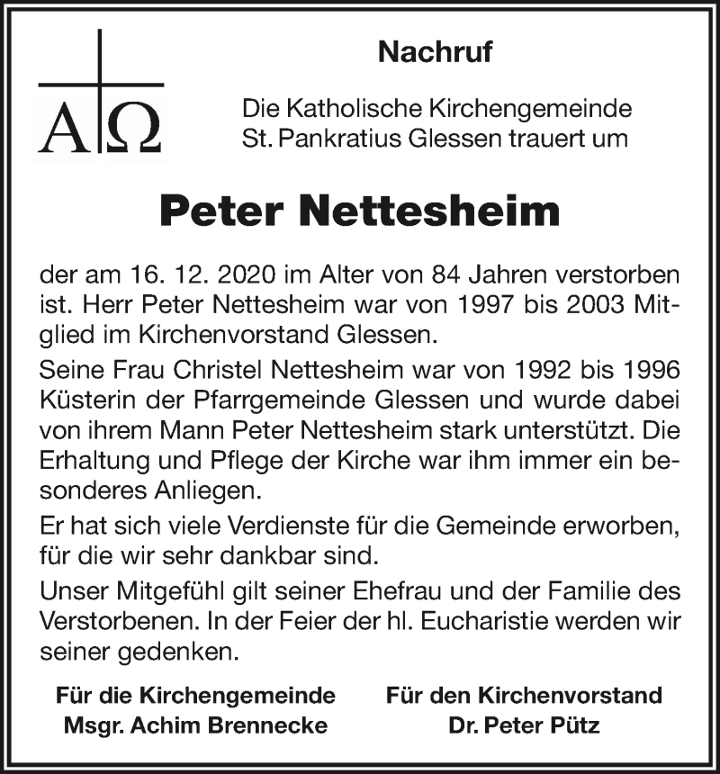  Traueranzeige für Peter Nettesheim vom 23.01.2021 aus Kölner Stadt-Anzeiger / Kölnische Rundschau / Express