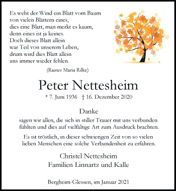 Anzeige von Peter Nettesheim von  Werbepost 