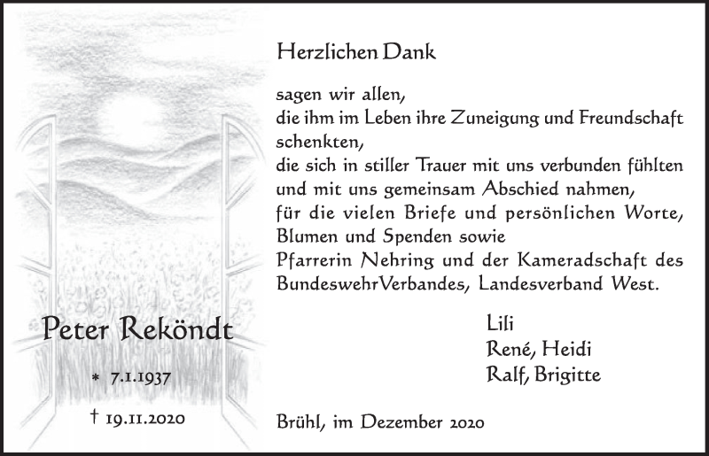  Traueranzeige für Peter Reköndt vom 15.01.2021 aus  Schlossbote/Werbekurier 