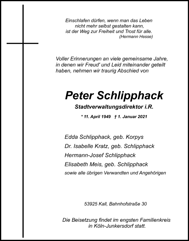  Traueranzeige für Peter Schlipphack vom 06.01.2021 aus Kölner Stadt-Anzeiger / Kölnische Rundschau / Express