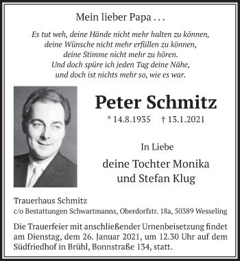 Anzeige von Peter Schmitz von  Schlossbote/Werbekurier 