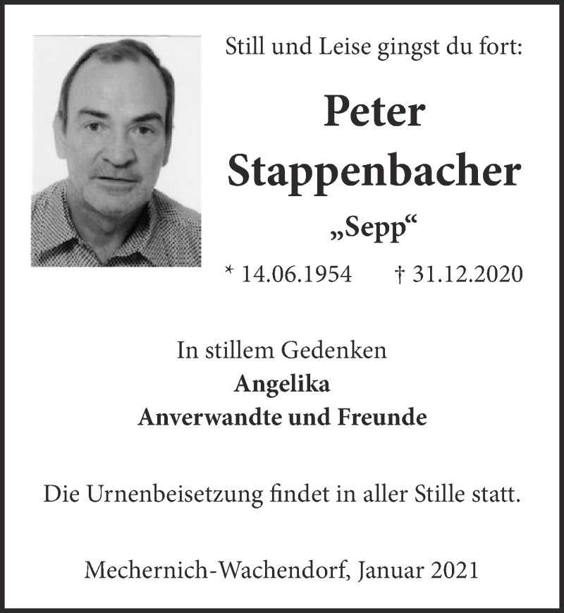  Traueranzeige für Peter Stappenbacher vom 23.01.2021 aus  Blickpunkt Euskirchen 