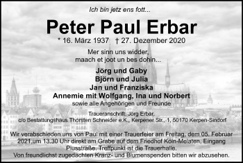 Anzeige von Peter Paul Erbar von Kölner Stadt-Anzeiger / Kölnische Rundschau / Express