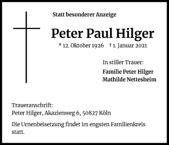 Anzeige von Peter Paul Hilger von Kölner Stadt-Anzeiger / Kölnische Rundschau / Express