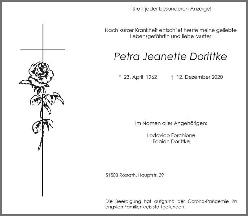  Traueranzeige für Petra Jeanette Dorittke vom 02.01.2021 aus  Bergisches Handelsblatt 
