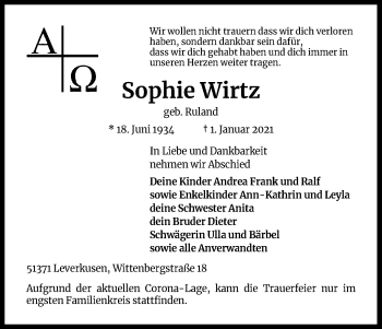 Anzeige von QSophie Wirtz von Kölner Stadt-Anzeiger / Kölnische Rundschau / Express