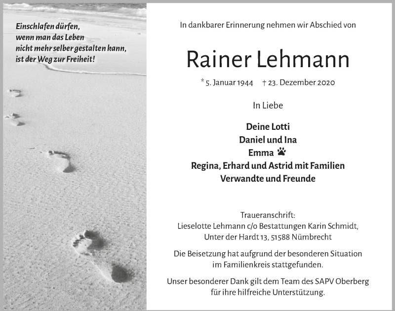  Traueranzeige für Rainer Lehmann vom 02.01.2021 aus  Anzeigen Echo 