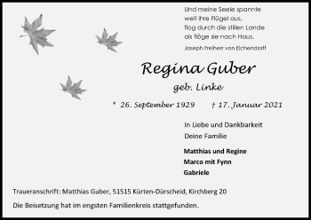 Anzeige von Regina Guber von Kölner Stadt-Anzeiger / Kölnische Rundschau / Express