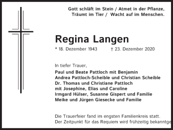 Anzeige von Regina Langen von Kölner Stadt-Anzeiger / Kölnische Rundschau / Express