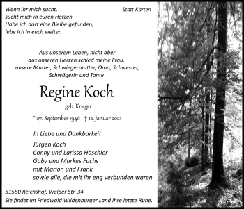 Anzeige von Regine Koch von  Anzeigen Echo  Lokalanzeiger 