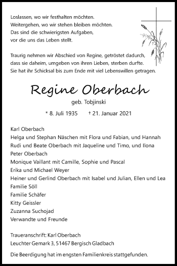 Anzeige von Regine Oberbach von Kölner Stadt-Anzeiger / Kölnische Rundschau / Express