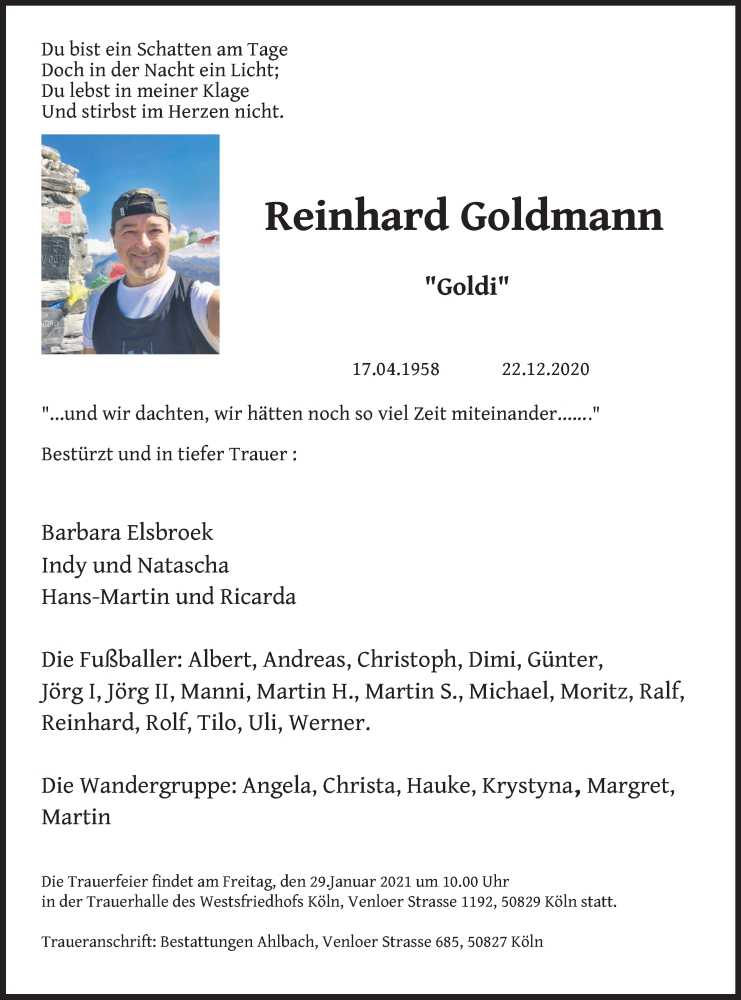  Traueranzeige für Reinhard Goldmann vom 23.01.2021 aus Kölner Stadt-Anzeiger / Kölnische Rundschau / Express