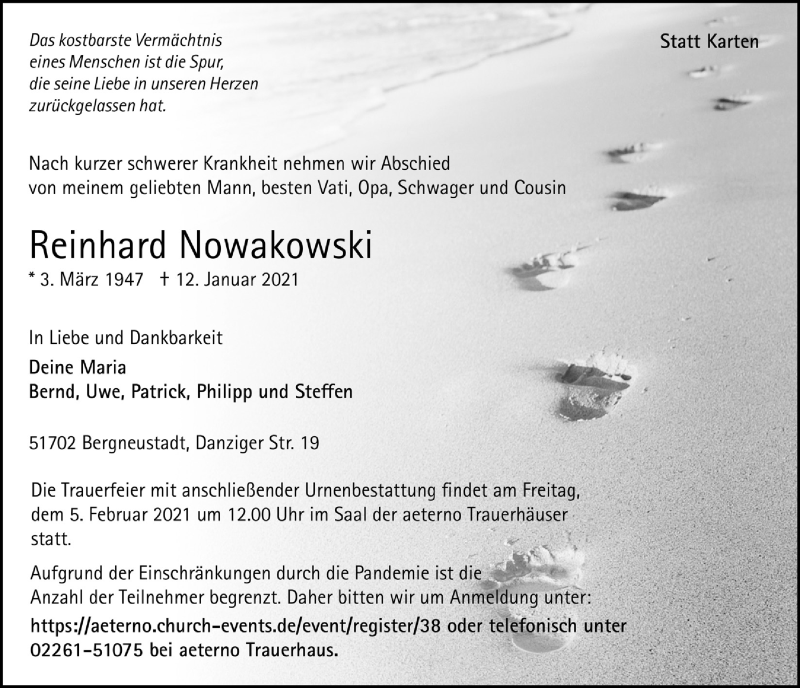  Traueranzeige für Reinhard Nowakowski vom 22.01.2021 aus  Anzeigen Echo 