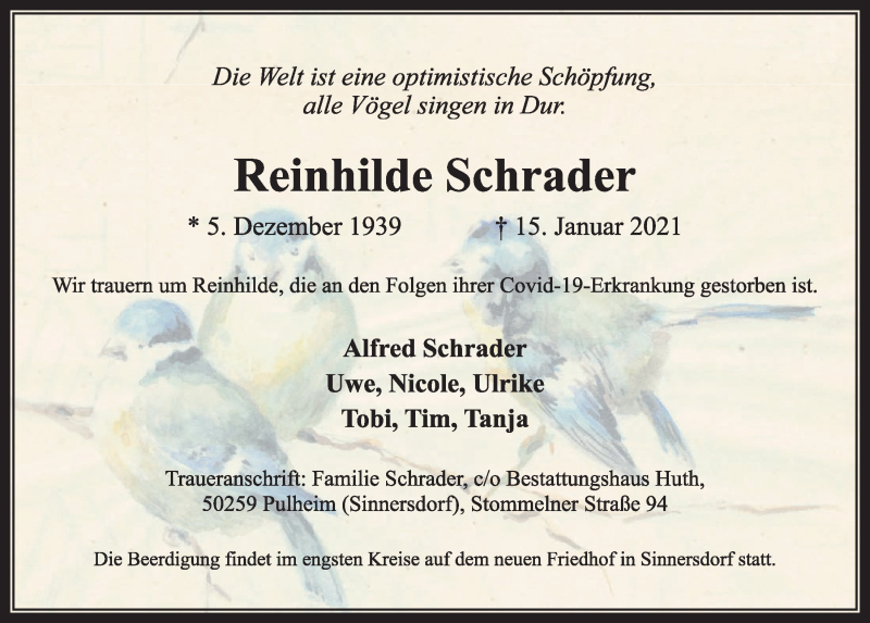  Traueranzeige für Reinhilde Schrader vom 22.01.2021 aus  Wochenende 