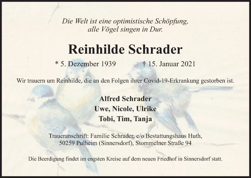  Traueranzeige für Reinhilde Schrader vom 23.01.2021 aus Kölner Stadt-Anzeiger / Kölnische Rundschau / Express