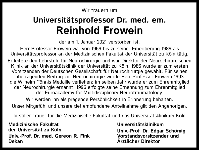  Traueranzeige für Reinhold Frowein vom 16.01.2021 aus Kölner Stadt-Anzeiger / Kölnische Rundschau / Express