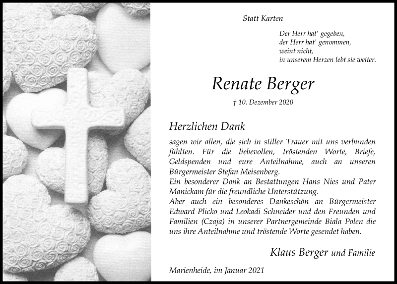  Traueranzeige für Renate Berger vom 22.01.2021 aus  Anzeigen Echo 