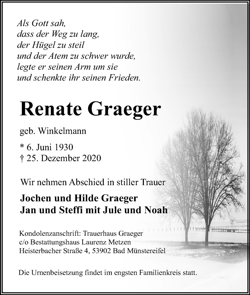  Traueranzeige für Renate Graeger vom 02.01.2021 aus Kölner Stadt-Anzeiger / Kölnische Rundschau / Express