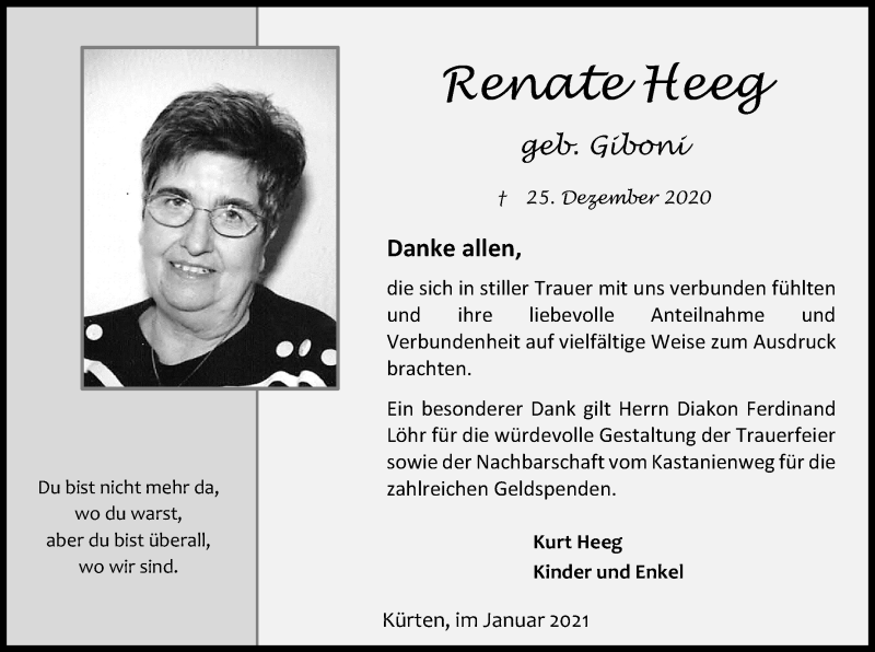  Traueranzeige für Renate Heeg vom 30.01.2021 aus Kölner Stadt-Anzeiger / Kölnische Rundschau / Express