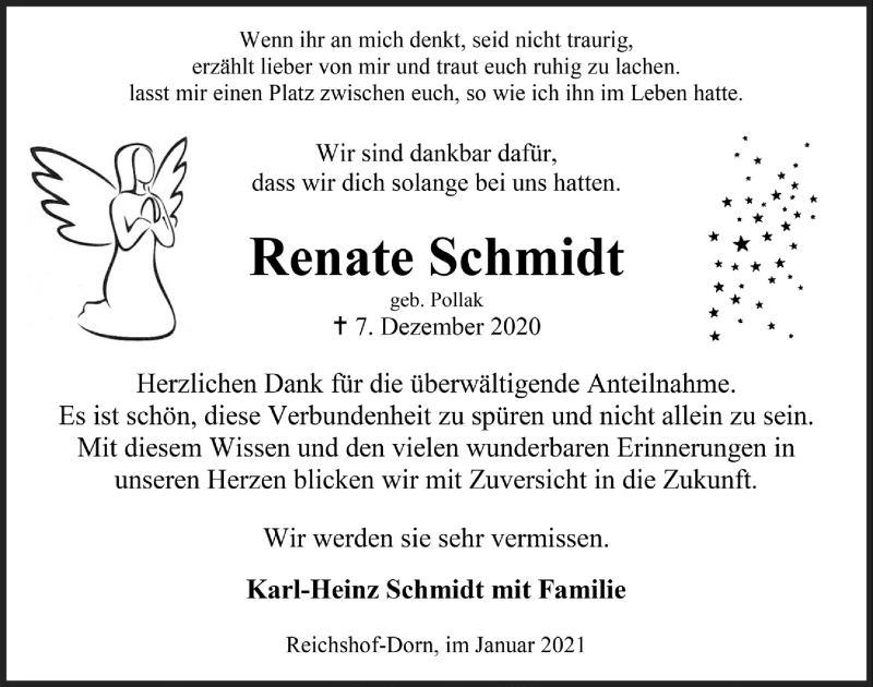  Traueranzeige für Renate Schmidt vom 22.01.2021 aus  Anzeigen Echo 